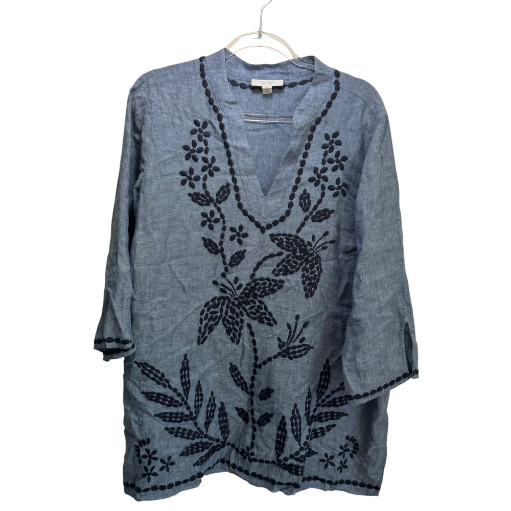 Luxury Charter Club 100% Linen Embroidered Resort Beach Boho Tunic Top XL Blue